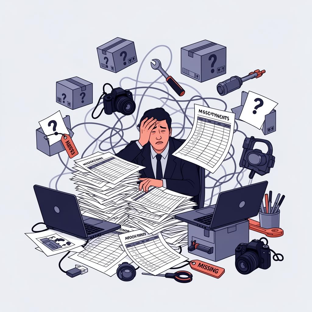 A frustrated worker buried in paper spreadsheets and scattered, untracked equipment